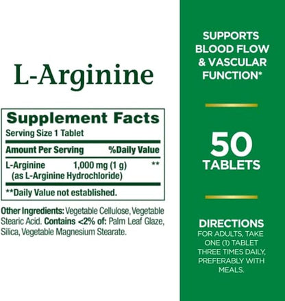 Nature’s Bounty L-Arginine 1000mg for Supporting Blood Flow and Vascular Function – Non-GMO, Gluten Free, 50 Tablets