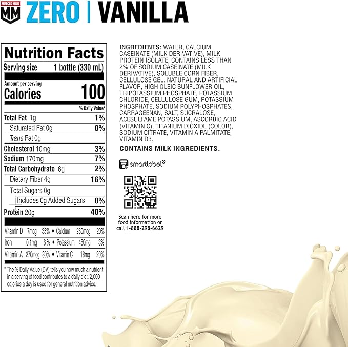 Muscle Milk Zero Protein Shake, Vanilla Crème, 20g Protein, Zero Sugar, 100 Calories, Calcium, Vitamins A, C & D, 4g Fiber, Energizing Snack, Workout Recovery, Packaging May Vary 11.16 Fl Oz (Pack of 12)