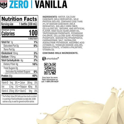 Muscle Milk Zero Protein Shake, Vanilla Crème, 20g Protein, Zero Sugar, 100 Calories, Calcium, Vitamins A, C & D, 4g Fiber, Energizing Snack, Workout Recovery, Packaging May Vary 11.16 Fl Oz (Pack of 12)