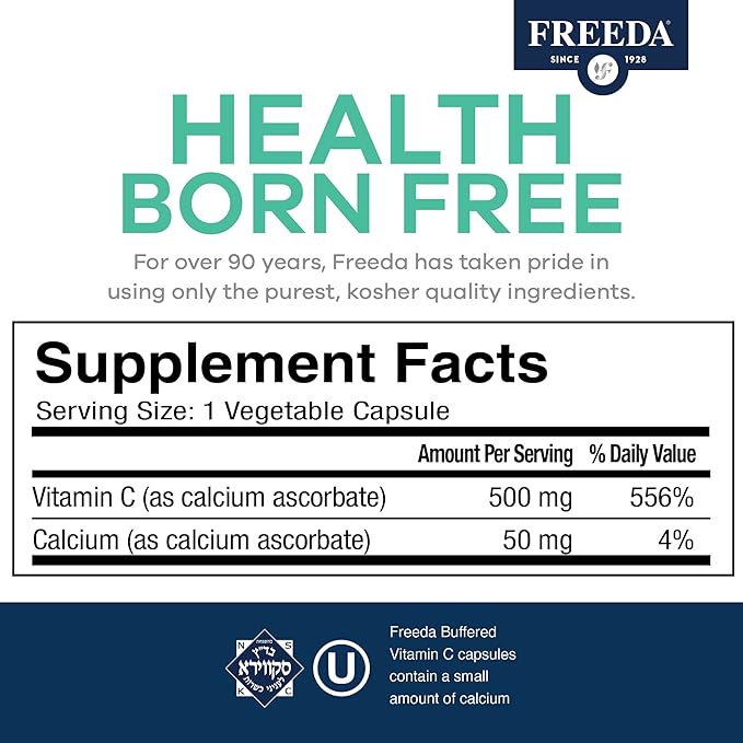 FREEDA Vitamin C - Buffered Vitamin C 500mg - Kosher - Powerful Antioxidant Immune Support - Sensitive Stomach Vitamins C Capsules Calcium Ascorbate - Vitamin C 500 mg - VIT C Supplement (100 Count)