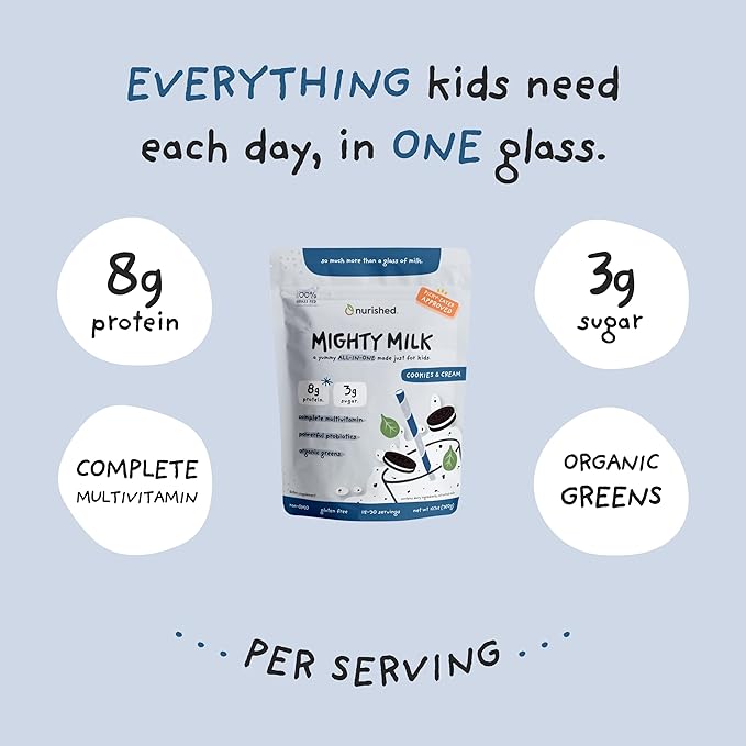 Cookies & Cream Mighty Milk - Kids All-in-One Daily Protein Powder & Multivitamin with Probiotics & Organic Spinach - Natural Flavors, Colors & Sweeteners - 15-30 Servings