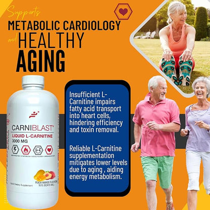 CARNIBLAST Liquid L-Carnitine 3000mg, Premium L Carnitine Carnipure, Sports Nutrition, Energy Supplement and Energy Booster, Peach Mango 16 fl oz