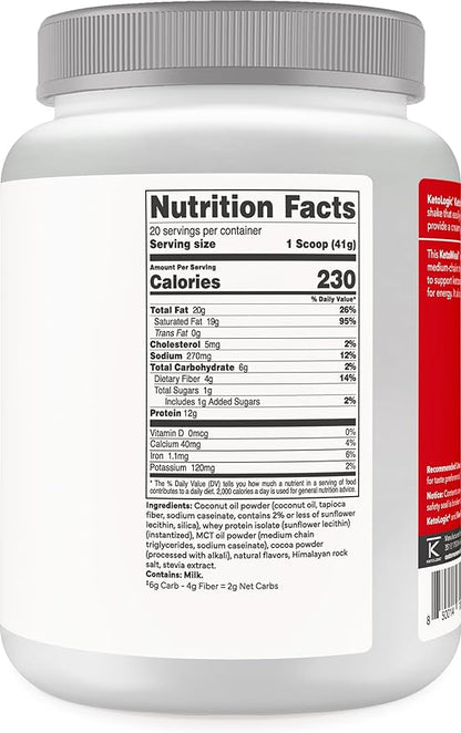 KetoLogic Keto Meal Replacement Shake Powder for Optimal Results + MCT Oil + Grass-Fed Whey - Perfectly Formulated Macros for Ketosis - 20 Servings - Chocolate