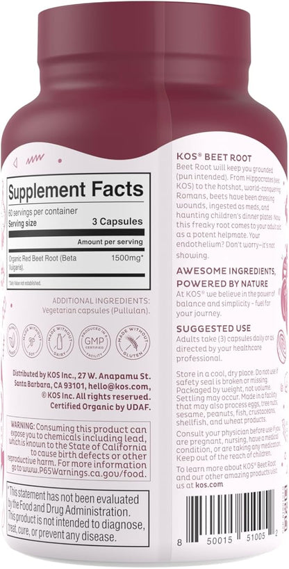 KOS Organic Beet Root Capsules 1500mg - Superfood Powder - Supports Healthy & Active Lifestyle - 180 Capsules