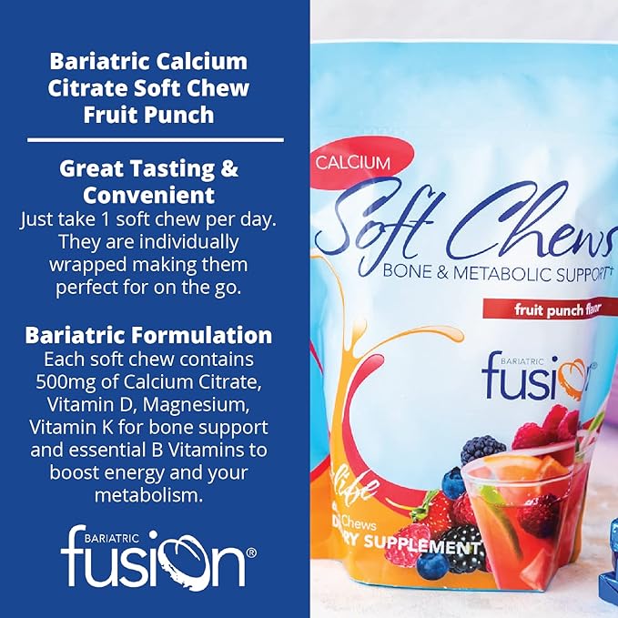 Bariatric Fusion Bariatric Calcium Chews | Fruit Punch | Calcium Citrate 500mg with Vitamin D3 & Energy Soft Chews | Sugar Free Bariatric Vitamin Chewable | 60 Count