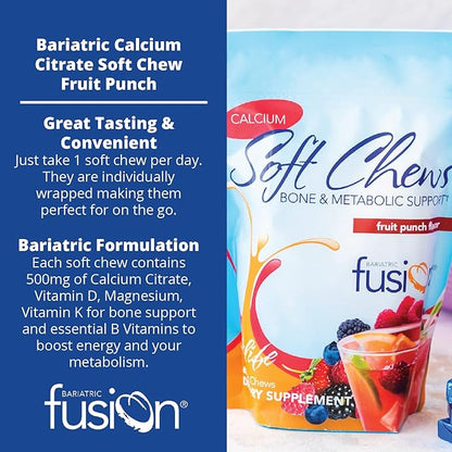 Bariatric Fusion Bariatric Calcium Chews | Fruit Punch | Calcium Citrate 500mg with Vitamin D3 & Energy Soft Chews | Sugar Free Bariatric Vitamin Chewable | 60 Count