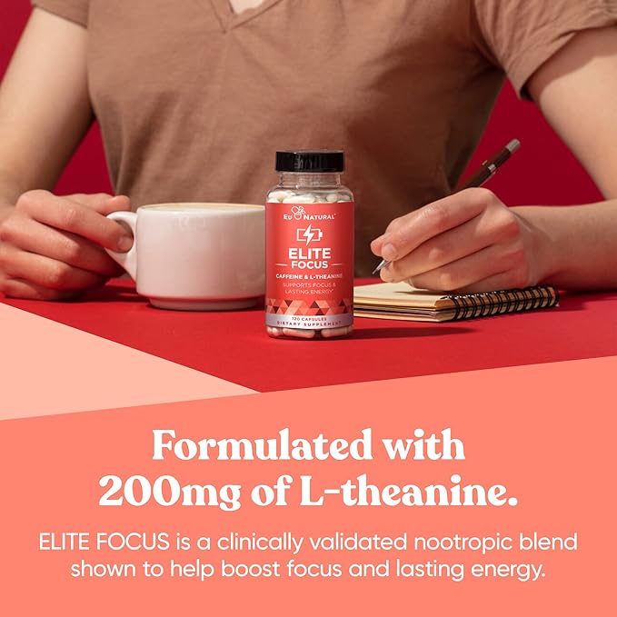 Elite Caffeine Pills with L-Theanine – Jitter-Free Focused Energy Supplements – Clean & Natural Nootropic Stack for Smart Cognitive Performance – 120 Soft Capsules