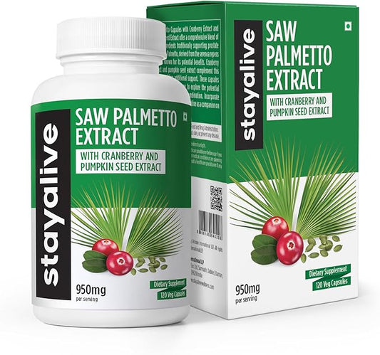STAY ALIVE Saw Palmetto Extract Capsules, Equivalent to 17000MG, Blend with Cranberry & Pumpkin Seed, 120 Vegan Pills for U.T, Prostate & Wellness Support