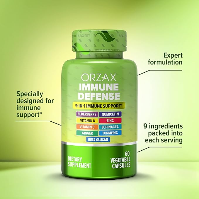 ORZAX 9 in 1 Immune Defense Supplement High Strength Vitamin C & D with Zinc, Quercetin, Turmeric & Ginger, Echinacea Capsules - Herbal Defense for Immune System Support - 60 Veg Capsules