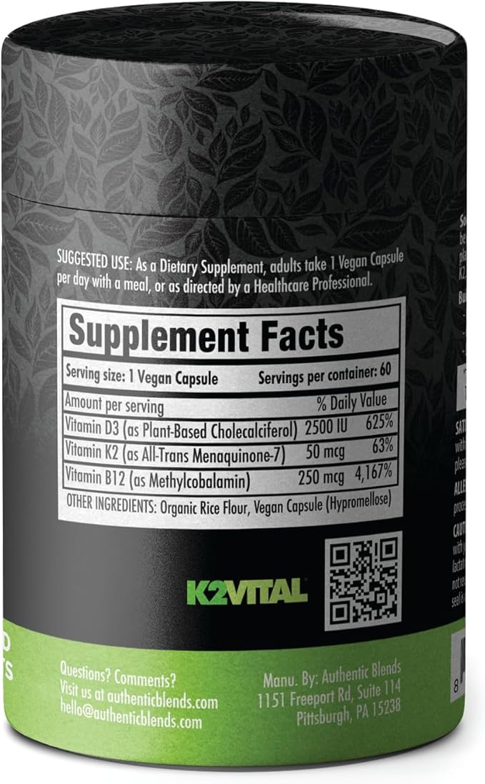 SOLID ROOTS Vegan Vitamin D3 + K2 +B12 for Bones, Heart, Skin, Teeth Plant-Based Multivitamin Essentials