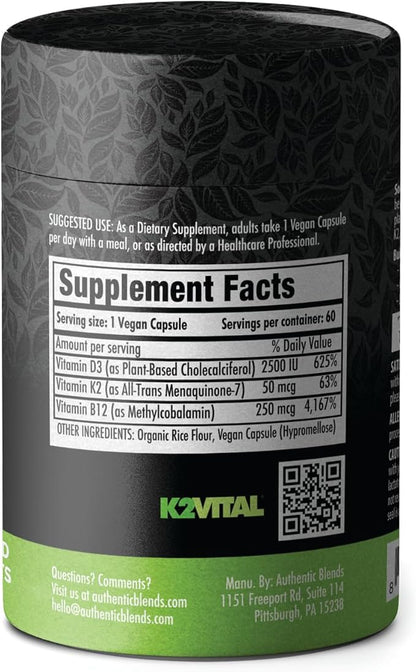 SOLID ROOTS Vegan Vitamin D3 + K2 +B12 for Bones, Heart, Skin, Teeth Plant-Based Multivitamin Essentials