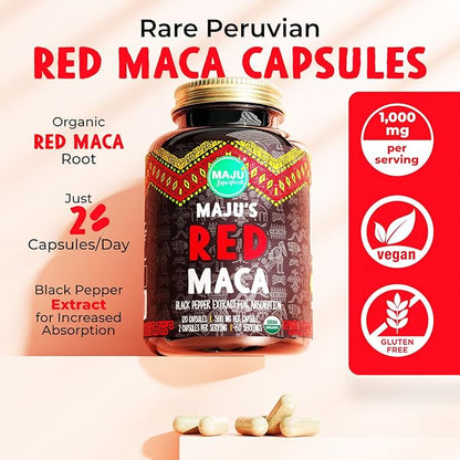 MAJU Organic Red Maca Root Capsules 120ct - Women Focused Curve Enhancement Nutrition Booster Pills, Gain for Thighs, Powder in Pill Supplement Qty 1