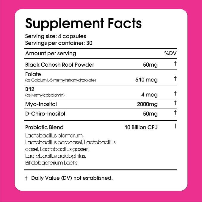 Natural Hormone Balance for Women, PCOS Supplements w/ Probiotics - Myo-Inositol & D-Chiro Inositol & Black Cohosh w/ Folate & B12 - PCOS Supplements for Hormone Balance, Female Vitamins 120 Capsules