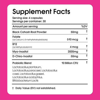 Natural Hormone Balance for Women, PCOS Supplements w/ Probiotics - Myo-Inositol & D-Chiro Inositol & Black Cohosh w/ Folate & B12 - PCOS Supplements for Hormone Balance, Female Vitamins 120 Capsules