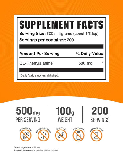BulkSupplements.com DL-Phenylalanine Powder - DLPA Powder, DL-Phenylalanine 500mg - DLPA Supplements, Amino Acid - Gluten Free, 500mg per Serving, 100g (3.5 oz) (Pack of 1)