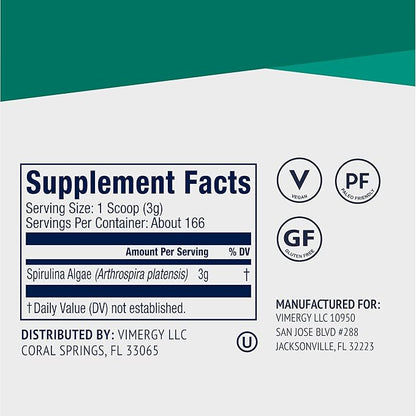 Vimergy Natural Spirulina Powder, 166 Servings – Value Size – Greens Powder – Nutrient Dense Blue-Green Algae Superfood for Smoothies & Juices – Immune Support - Non-GMO, Gluten-Free, Vegan & Paleo