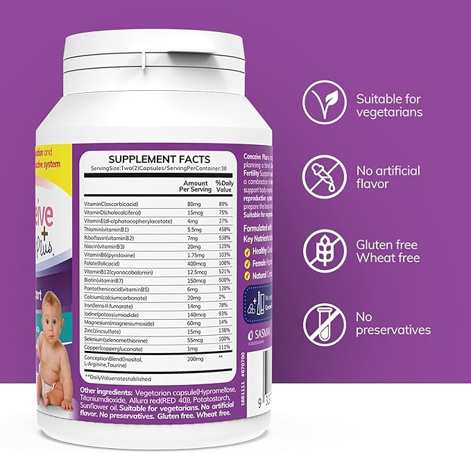 CONCEIVE PLUS Women's Fertility Support | Conception Vitamin Complex, Folic Acid, Zinc and Biotin | 30-Day Supply Fertility Supplement for Use When Trying to Get Prgenant | 60 Soft Capsules