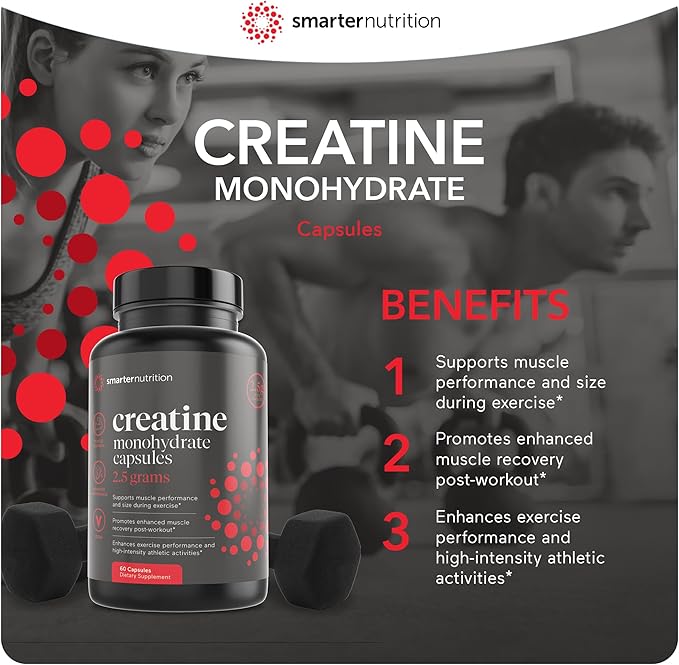 Smarter Nutrition Creatine Monohydrate Pills with 2500mg (2.5g) Per Serving, Vegan Capsules - Pre & Post Workout Recovery Support, Promotes Muscle Mass &. Endurance - 60 Count[30-Day Supply]