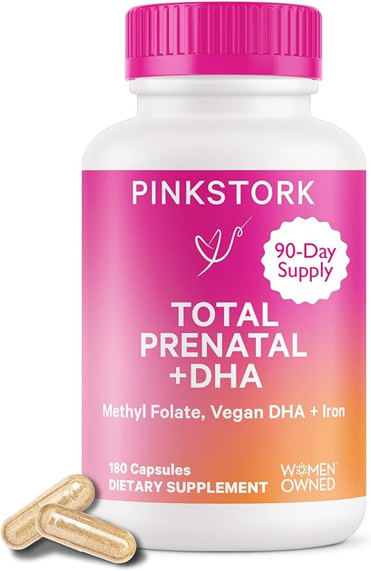 Pink Stork Total Prenatal Vitamins with DHA, Folate, and Iron, 3 Month Supply to Help Support Fetal Development, Pregnancy Must Haves - 180 Capsules