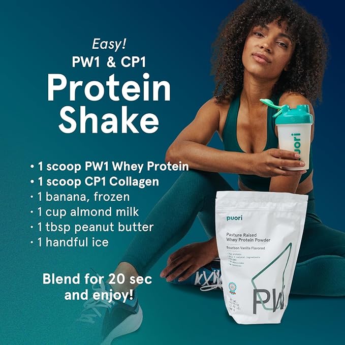 Puori Whey Protein Powder - Bourbon Vanilla - PW1 Pasture Raised, Grass-Fed & Non-GMO - 100% Natural and Pure for Muscle Growth - 21g Protein 1.98lbs - Gluten-Free