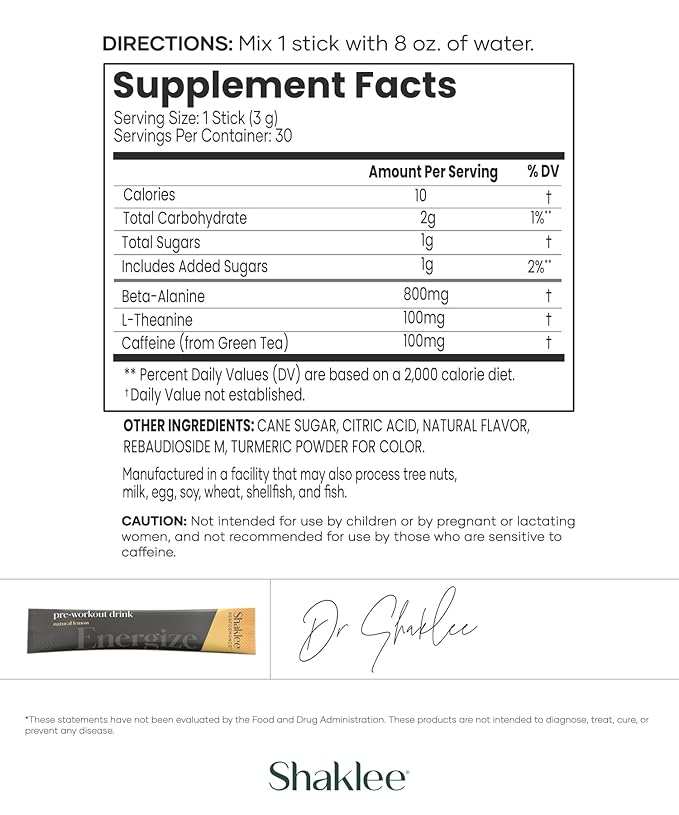 Shaklee - Performance Pre-Workout Energy Drink - Green Tea Extract Lemon Flavor - Energy Boost - Beta-Alanine & L-theanine - 100mg Caffeine, 800mg Beta-Alanine and 100mg L-theanine - 30 Servings