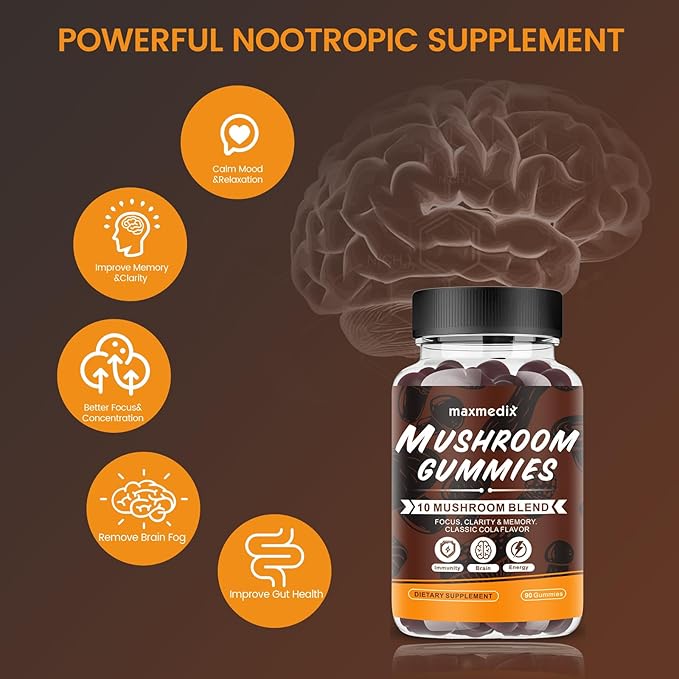 Mushroom Gummies - 10x Mushroom Supplement with Ashwagandha and Lions Mane - Brain Booster, Immune Support, Energy - Mushroom Supplement for Men & Women 90 Coke Gummies