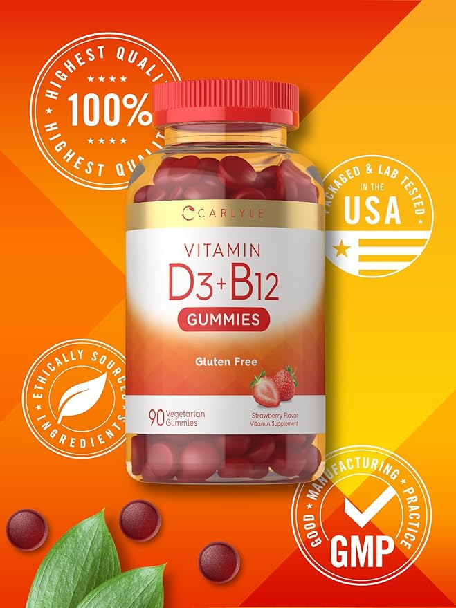 Carlyle Vitamin D3 + B12 Complex Gummies | 90 Count | Vegetarian, Non-GMO, and Gluten Free Formula | Strawberry Flavor Supplement