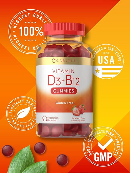 Carlyle Vitamin D3 + B12 Complex Gummies | 90 Count | Vegetarian, Non-GMO, and Gluten Free Formula | Strawberry Flavor Supplement