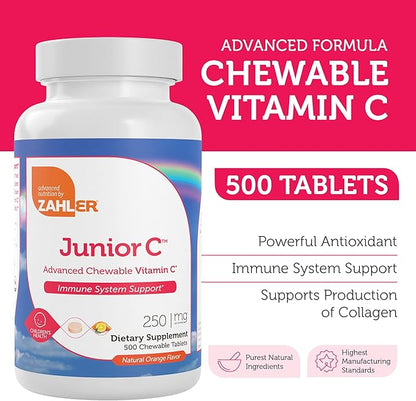 Zahler Junior C Advanced Chewable Vitamin C for Kids - Immune Support Kids Vitamins in Delicious Orange Flavor - Kosher Kids Vitamin C for Immunity - Vitamin C Chewable Antioxidant - (500 Count)
