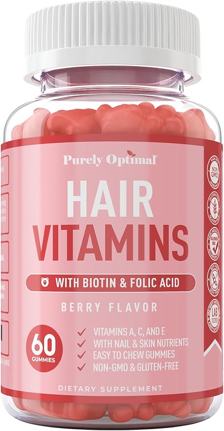 Purely Optimal Premium Hair Vitamins Supplement-Gummy Vitamins w/Biotin, Folic Acid, Vitamins A&D-Supports Faster Hair Growth & Promotes Healthy Hair, Skin, & Nails-60 Non-GMO Berry Flavored Gummies