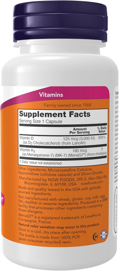 NOW Supplements, Mega D-3 & MK-7, 5000 IU / 180 mcg, Bone & Cardiovascular Support*, Vitamins K-3 & K-2, 120 Capsules