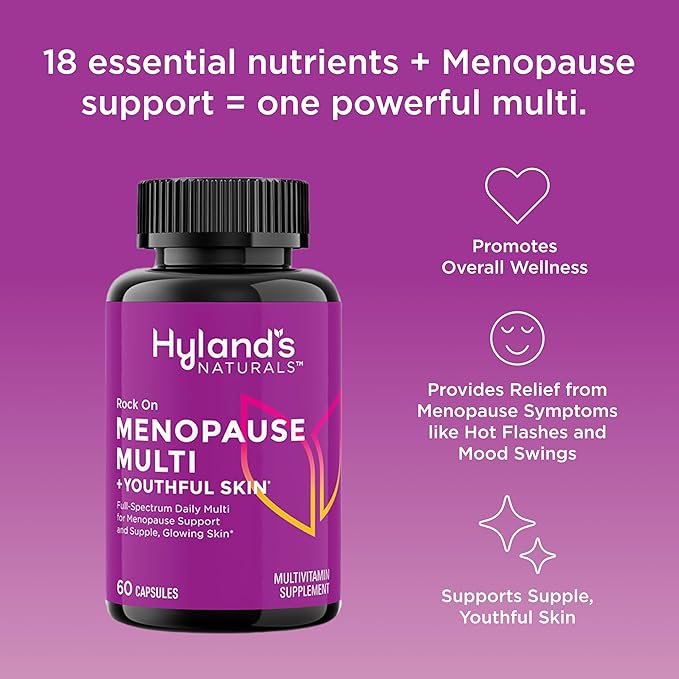 Hyland's Rock On Menopause + Youthful Skin Multivitamin for Women with Immune Support - 60 Capsules - Menopause Relief for Women with Biotin, Collagen, and Red Clover