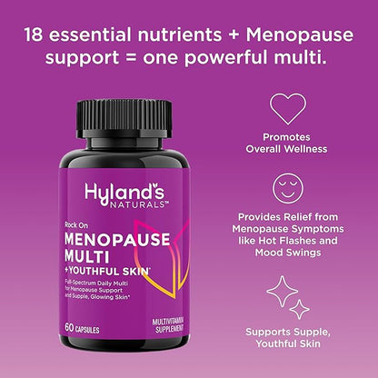 Hyland's Rock On Menopause + Youthful Skin Multivitamin for Women with Immune Support - 60 Capsules - Menopause Relief for Women with Biotin, Collagen, and Red Clover
