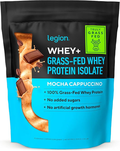 LEGION Whey+ Whey Isolate Protein Powder from Grass Fed Cows - Low Carb, Low Calorie, Non-GMO, Lactose Free, Gluten Free, Sugar Free, All Natural Whey Protein Isolate 30 Serving (Mocha Cappuccino)