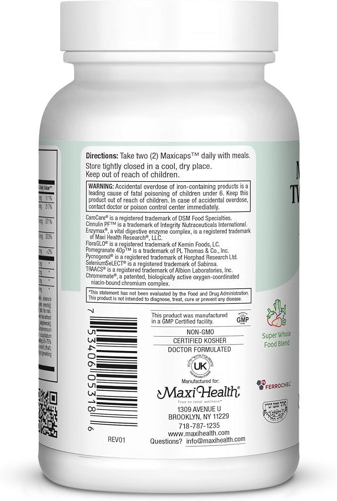 Maxi Health Two Complete - Multivitamins and Minerals - Full Potency - 180 Capsules - Kosher
