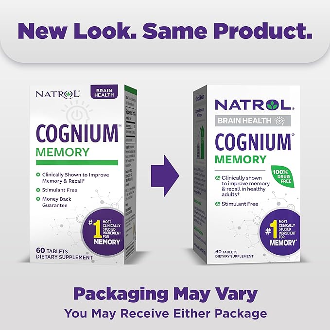 Natrol Cognium Memory, Brain Health Supplements for Adults, Dietary Supplement for Brain Health and Clinically Shown to Improve Memory and Recall in Healthy Adults, 60 Tablets, Up to a 30 Day Supply