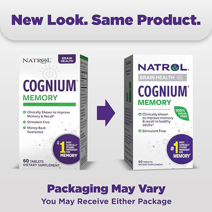 Natrol Cognium Memory, Brain Health Supplements for Adults, Dietary Supplement for Brain Health and Clinically Shown to Improve Memory and Recall in Healthy Adults, 60 Tablets, Up to a 30 Day Supply