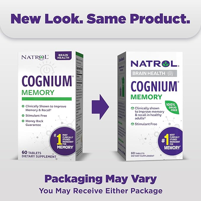 Natrol Cognium Memory, Brain Health Supplements for Adults, Dietary Supplement for Brain Health and Clinically Shown to Improve Memory and Recall in Healthy Adults, 60 Tablets, Up to a 30 Day Supply