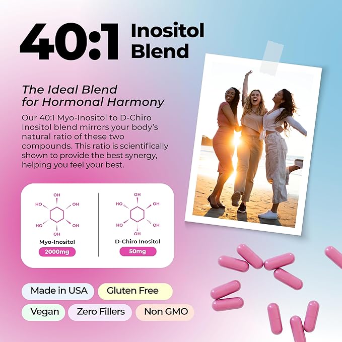 Hormone Balance for Women, PCOS, Ovarian Support, Fertility, Menstrual Cycle | Myo-Inositol & D-Chiro Inositol Supplement 40:1 Ratio With Folic Acid, B12 & Probiotics | Female Vitamins 120 Capsules