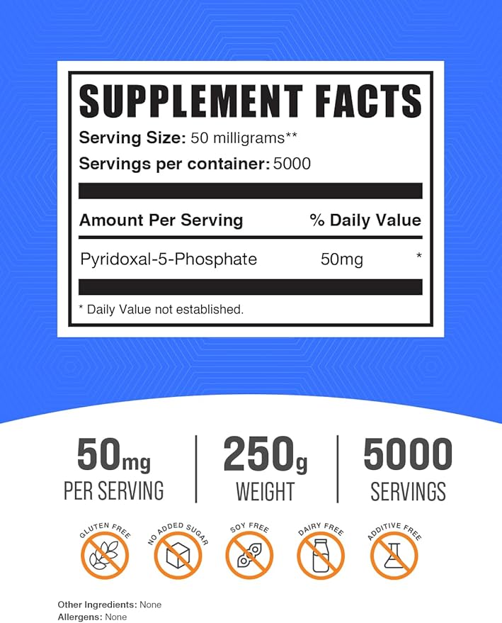 BulkSupplements.com Pyridoxal 5 Phosphate Powder - P-5-P Vitamin B6 Supplement, P-5-P 50mg - P5P Supplement, Gluten Free, 50mg of per Serving, 250g (8.8 oz) (Pack of 1)