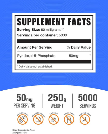 BulkSupplements.com Pyridoxal 5 Phosphate Powder - P-5-P Vitamin B6 Supplement, P-5-P 50mg - P5P Supplement, Gluten Free, 50mg of per Serving, 250g (8.8 oz) (Pack of 1)