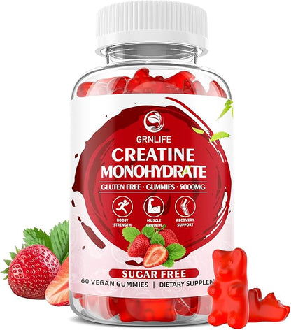 Creatine Monohydrate Gummies for Men & Women, Chewables Creatine Monohydrate for Muscle Strength, Muscle Builder, Energy Boost, Sugar Free, Vegan, Strawberry Flavor-60 Count