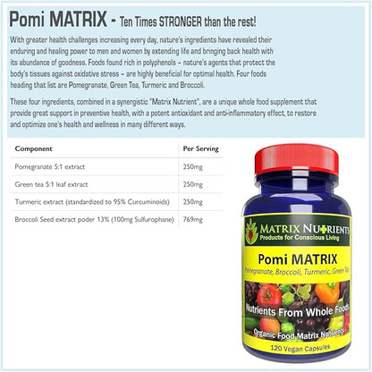 POMI Matrix - 10 Times Stronger Than The Competition! - Lower PSA Levels for Healthy Prostate - 100% Organic - Ingredients: Pomegranate, Green Tea, Turmeric, Broccoli - Vegan Capsules (120ct)