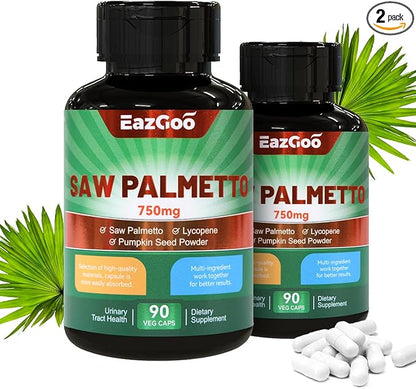 Saw Palmetto Supplement, Saw Palmetto Extract 750mg, with Lycopene, Pumpkin Seed Powder, for Men and Women,Non-GMOs & Gluten, Vegan, 90 Count Capsules（Pack of 2）