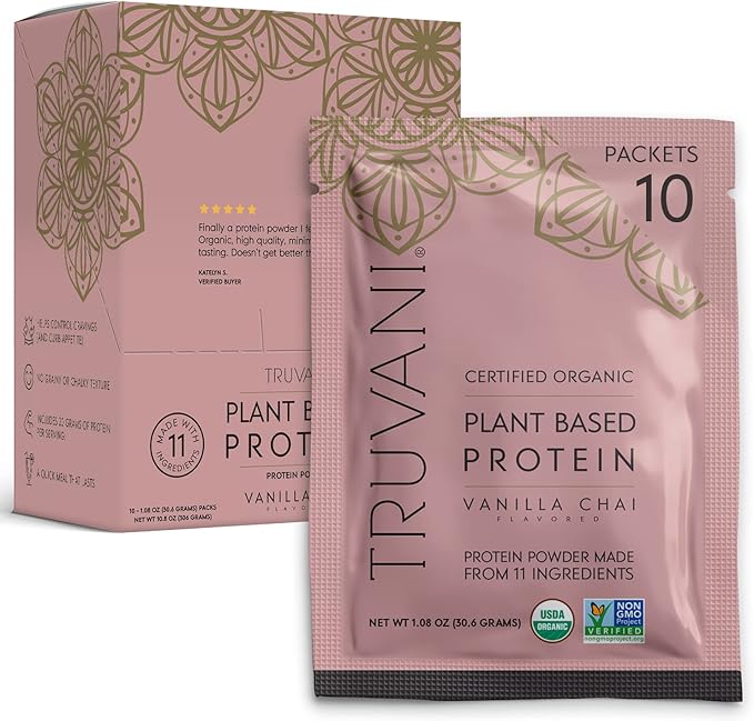 Truvani Vegan Pea Protein Powder | Vanilla Chai | 20g Organic Plant Based Protein | 10 Travel Packets | Keto | Gluten & Dairy Free | Low Carb | No Added Sugar