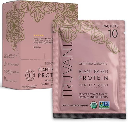 Truvani Vegan Pea Protein Powder | Vanilla Chai | 20g Organic Plant Based Protein | 10 Travel Packets | Keto | Gluten & Dairy Free | Low Carb | No Added Sugar