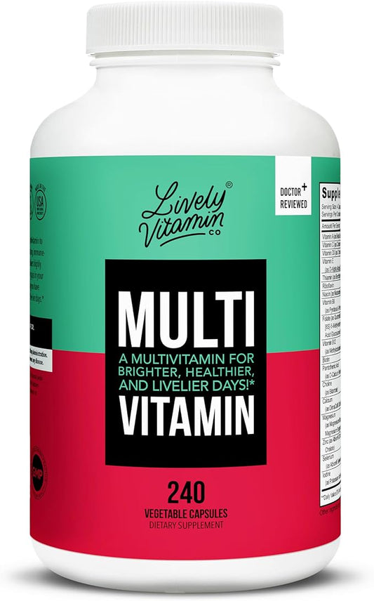 LIVELY VITAMIN CO. Multivitamin - 37 Vitamins Minerals and Extracts - Energy - Memory - Immune Function - Heart- Brain - Focus - Mood - Antioxidants - Dairy Gluten Soy Free - 240 Vegetarian Capsules