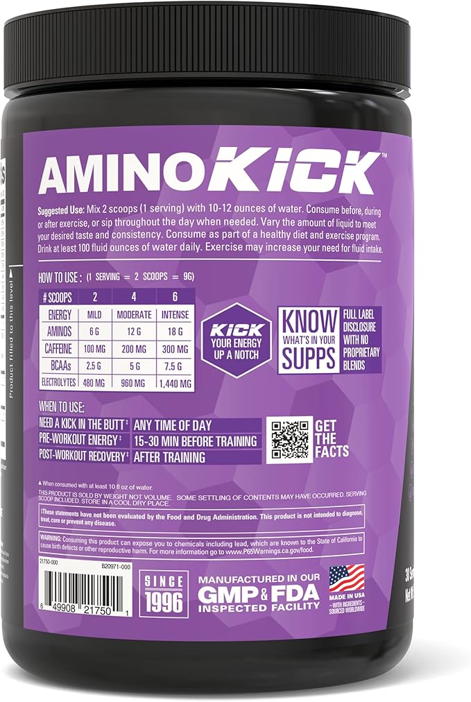 NutraBio Amino Kick - Amino Acid Energy Formula - BCAA's, Electrolytes for Hydration, Natural Caffeine- 30 Servings (Grape Berry Crush)