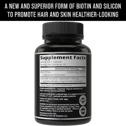 Lustriva + Biotin 10000mcg - Clinically Tested & Proven for Hair Growth & Skin in A Double-Blind Study. Hair & Skin Vitamins Supplement That Enhances Biotin Solubility by 40x. Pills for Women & Men.