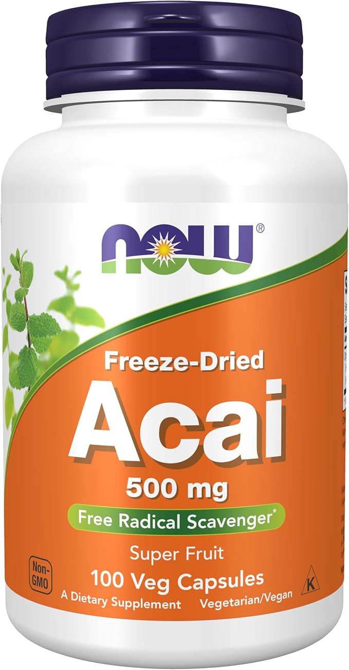 NOW Foods Supplements, Acai 500 mg, Freeze-Dried Super Fruit with Polyphenols, Ellagic Acid, Rutin, Anthocyanins and Catechins, 100 Veg Capsules